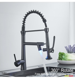 Black Brass Pull Down LED Kitchen Faucet 360 Rotate Hot Cold Mixer Dual Spout Deck Mounted Sink Taps With Strong Flush Crane