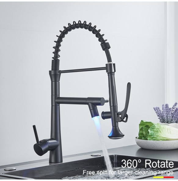 Black Brass Pull Down LED Kitchen Faucet 360 Rotate Hot Cold Mixer Dual Spout Deck Mounted Sink Taps With Strong Flush Crane