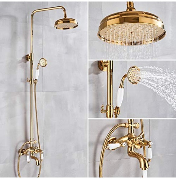 Golden Shower Faucet Dual Handle Shower Faucet Set Wall Mounted Rainfall Shower System Bathroom Bath Shower Mixer  Sliding Bar