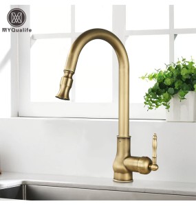 MYQualife Antique Brass Kitchen Sink Faucet Pull Down Swivel Spout Kitchen Deck Mounted Bathroom Hot and Cold Water Mixers