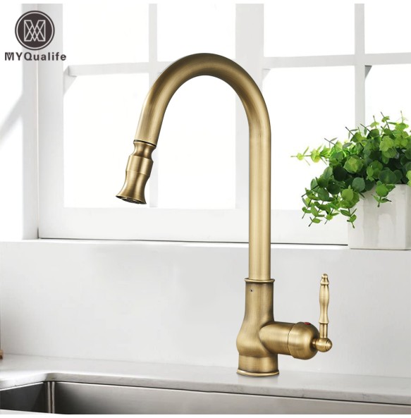 MYQualife Antique Brass Kitchen Sink Faucet Pull Down Swivel Spout Kitchen Deck Mounted Bathroom Hot and Cold Water Mixers