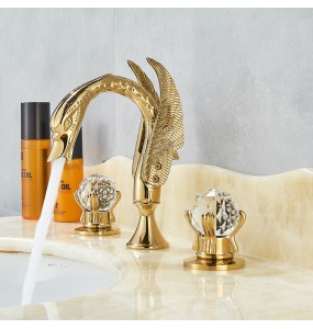 Luxury Swan Style Deck Mount Widespread Basin Faucet Two Handles Golden Washbasin Mixer Taps