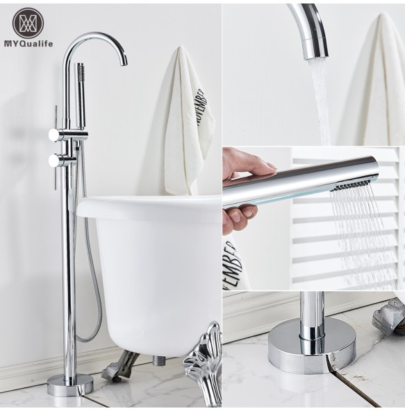 Floor Mounted Chrome Bath Tub Faucet Clawfoot Free Standing Bath Mixer Tap with Handshower Single Lever Bathtub Faucet