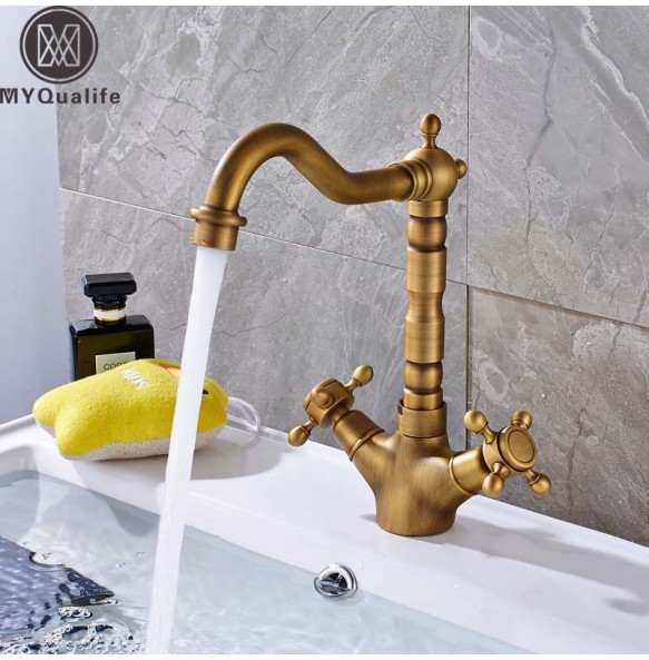 2024 New Dual Handle Swivel Bathroom Kitchen Sink Faucet Antique Brass Mixer Tap with Hot and Cold Water Deck Mounted