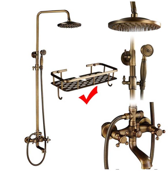 Antique Brass Shower Faucet Mixers Dual Handle Rainfall 8