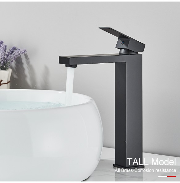 2024 New Black Square Basin Faucet Bathroom Washbasin Stainless Steel Tap Hot Cold Water Gold Tall Model Mixer Deck Mounted