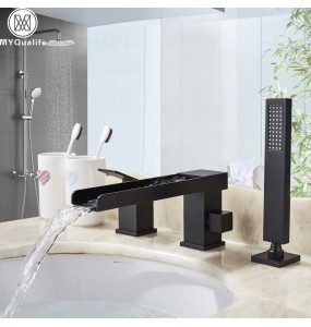 Matte Black Waterfall Bathtub Faucet One Handle Deck Mounted Long Spout Tub Mixer Tap Pull Out Handshower Widespread Bathtub Tap