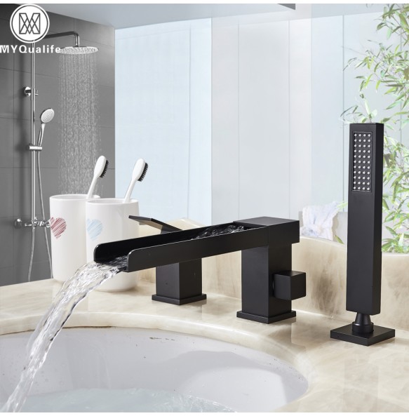 Matte Black Waterfall Bathtub Faucet One Handle Deck Mounted Long Spout Tub Mixer Tap Pull Out Handshower Widespread Bathtub Tap