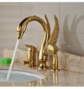 Golden Widespread 3pcs Swan Bathtub Faucet Deck Mount with Handheld Shower Bathroom Tub Mixer Taps