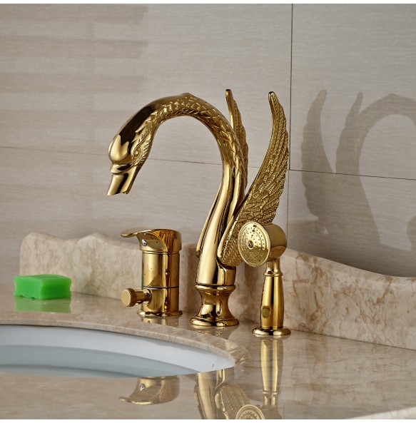 Golden Widespread 3pcs Swan Bathtub Faucet Deck Mount with Handheld Shower Bathroom Tub Mixer Taps