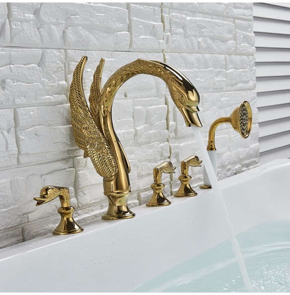 Widespread Swan Bathtub Faucet Golden Tub Mixer Tap Deck Mounted 3 Handle Swan Bath Shower Set with Pull Out Handshower Head