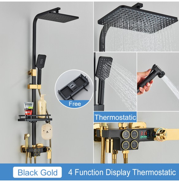 Black Thermostatic LCD Shower Faucet Set Temperature Display Rainfall Bathtub Tap With Bathroom Shelf Electricity By Water