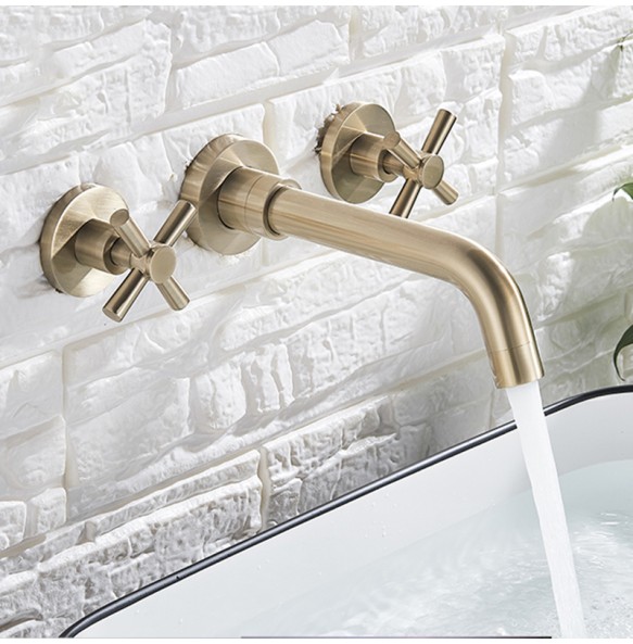 Basin Faucet In-Wall Installation Black / Brushed Gold Bathroom Double Handle Wall-Mounted Bathroom Faucet Rotating Sink Faucet