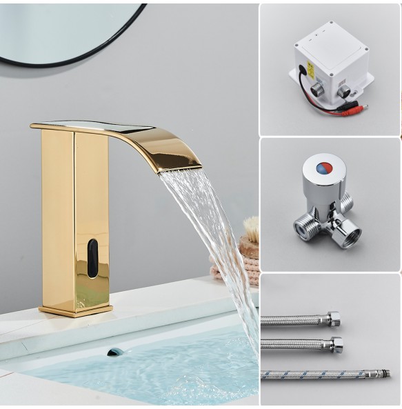 2024 New Black Sensor Basin Faucet Bathroom Automatic Sensor Watefall Faucet Touchless Free Touch Sink Tap Hot Cold Water Mixer Crane