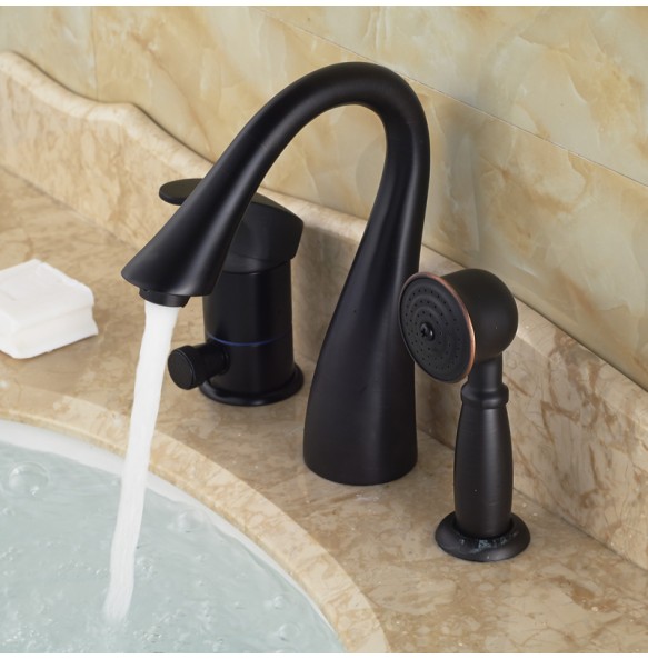 Deck Mounted Widespread 3pc Bathroom Bath Tub Mixer Faucet Brass Handshower Goose Neck Spout Bathroom Mixer Taps