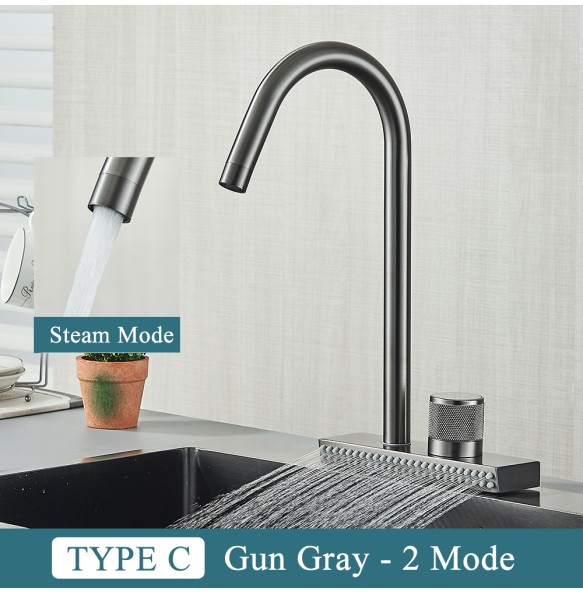 Black Kitchen Faucet With Rainfall Waterfall Wash 4 Function Brass Single Hole Pull Out Mixer Hot Cold Water Taps Deck Mounted