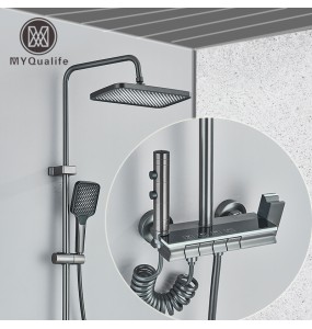 Grey Piano Digital Shower Set Intelligent Brass Bathroom Faucets Hot Cold Waterfall Tap Rainfall  Gun Grey Shower System