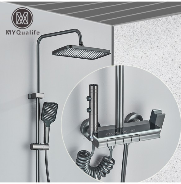 Grey Piano Digital Shower Set Intelligent Brass Bathroom Faucets Hot Cold Waterfall Tap Rainfall  Gun Grey Shower System