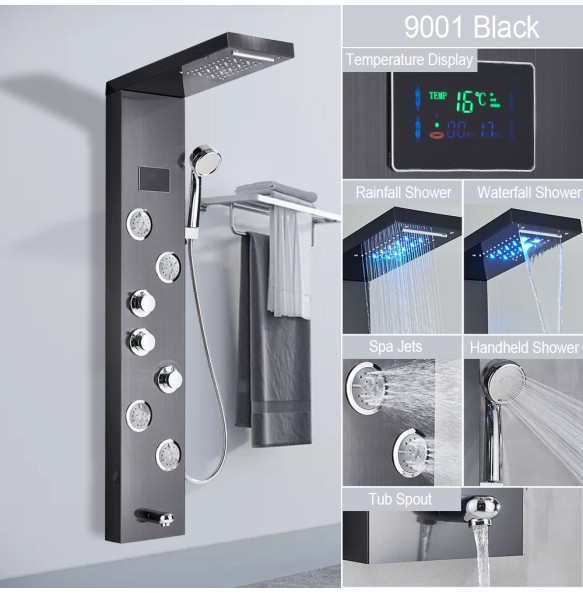 Brushed LED Light LCD Shower Faucet Bathroom SPA Massage Jet Shower Column System Waterfall Rain Shower Panel With Shelf Tap