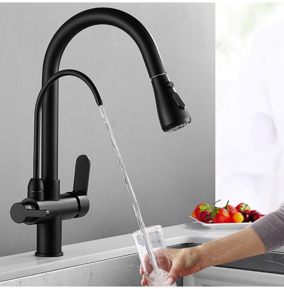 Matte Black Pure Water Kitchen Faucet Dual Handle Hot and Cold Drinking Water Pull Out  Kitchen Mixer Taps