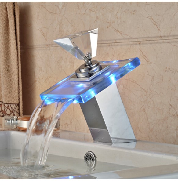 2024 New Luxury LED Color Changing Waterfall Basin Sink Faucet Single Handle Deck Mounted Hot and Cold Mixer Taps