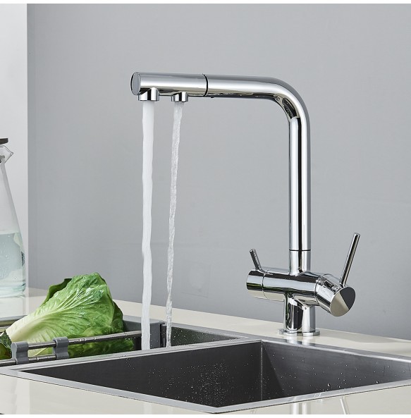 Chrome Brass Pull Out Filtered Kitchen Faucet Dual Handle Hot Cold Drinking Water 3-Way Filter Purification Mixer Taps