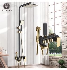 Gold Shower Set Faucet Rainfall Bathtub Tap With Bidet 4 Function Shower Wall Mounted Hot Cold Shower Column Square 8