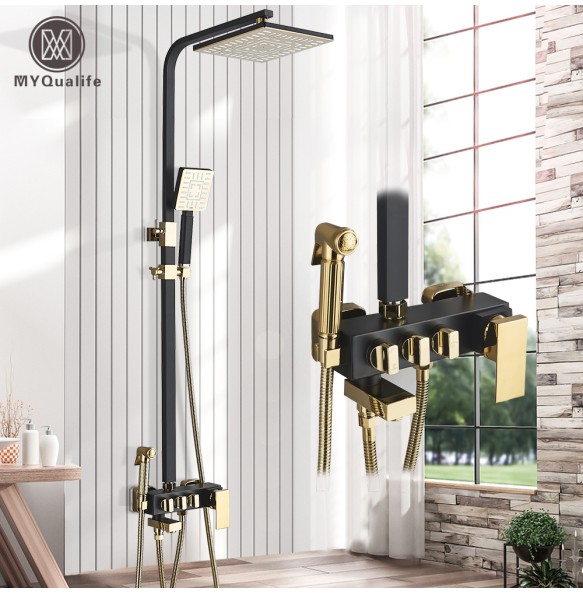 Gold Shower Set Faucet Rainfall Bathtub Tap With Bidet 4 Function Shower Wall Mounted Hot Cold Shower Column Square 8