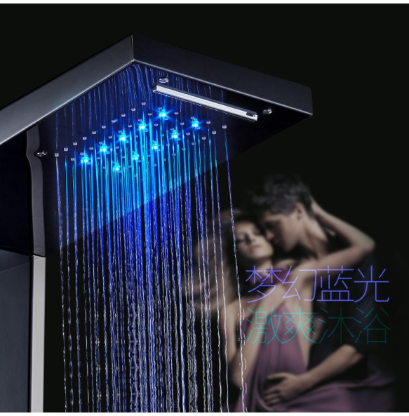 Rain Waterfall LED Shower Panel Black Shower Column Tower Digital Screen TEMP 3 Handle Mixer Tap Spray Bidet Shower Mixer Faucet