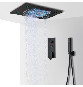 Black LED Digital Display Shower Faucet Set Rain Waterfall Bathtub Shower System Remote Control LED Colors Ceiling Mounted Tap