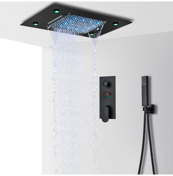 Black LED Digital Display Shower Faucet Set Rain Waterfall Bathtub Shower System Remote Control LED Colors Ceiling Mounted Tap