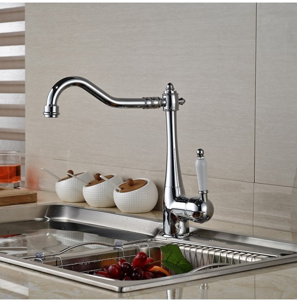 Kitchen Sink Faucet One Hole Swivel Spout  Deck Mounted Single Handle Hot and Cold Water Kitchen Mixers