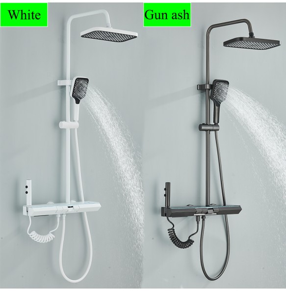 White Shower Faucet Set Rainfall Bathtub Tap With Bathroom Shelf 4 Functions Height Adjust Shower Mixer Crane