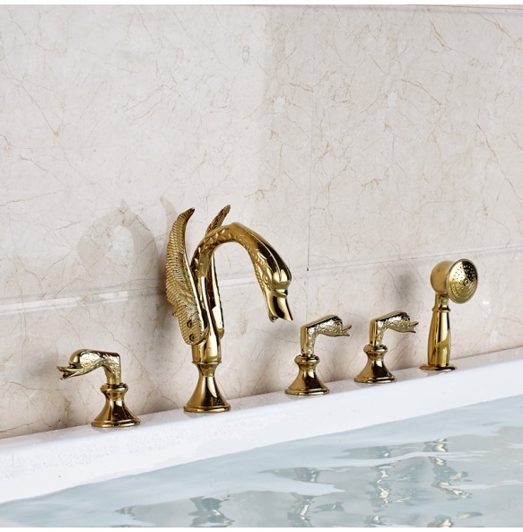 Golden Swan Style Brass Golden Bathtub Tub Faucet Deck Mounted Hot and Cold Water Bath Shower Mixer Taps