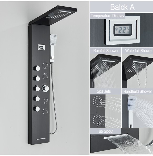 Shower Panel Waterfall Rain Shower Faucet Set SPA Massage Jet Bath Shower Column Temperature Display Mixer Tap Tower