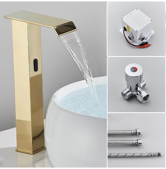 2024 New Black Sensor Basin Faucet Bathroom Automatic Sensor Watefall Faucet Touchless Free Touch Sink Tap Hot Cold Water Mixer Crane