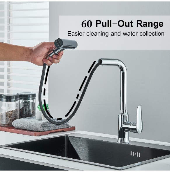 Gun Grey Pull Out Kitchen Faucet 360 Rotation Single Handle Hot&Cold Mixer Sink Tap Crane Shower Faucet gimbal Flying Rain Falls