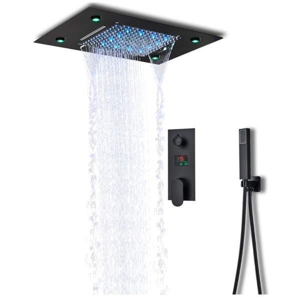 Black LED Digital Display Shower Faucet Set Rain Waterfall Bathtub Shower System Remote Control LED Colors Ceiling Mounted Tap