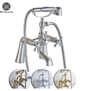 Deck Mounted Two Handle Bathtub Sink Faucet Telephone Deck Standing Dual Hole Bathtub Mixer with Handshower Head