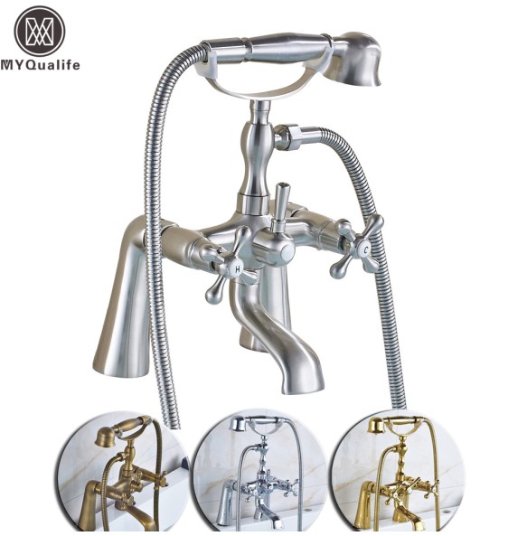 Deck Mounted Two Handle Bathtub Sink Faucet Telephone Deck Standing Dual Hole Bathtub Mixer with Handshower Head