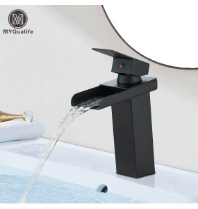 Matte Black Waterfall Outlet Basin Faucet Deck Mounted  Mixer Tap Cold And Hot Water Tap Single Hole Bath Sink Faucets Crane