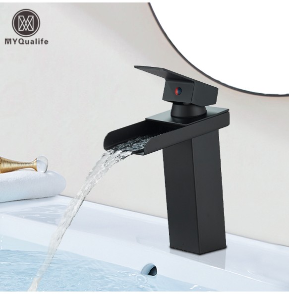 Matte Black Waterfall Outlet Basin Faucet Deck Mounted  Mixer Tap Cold And Hot Water Tap Single Hole Bath Sink Faucets Crane