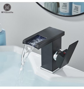 2024 New Black LED Waterfall Basin Bathroom Faucet Deck Mounted Hot Cold Water Mixer Taps Three Color Change By Water Flow