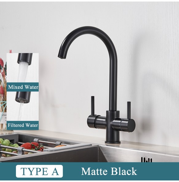 Black Kitchen Filtered Faucet Beige with Dots Brass Purifier Mixer Double Sprayer Drinking Water Curved Sink Tap 360 Rotate