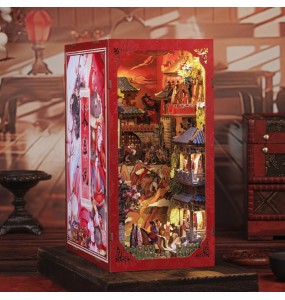 CUTEBEE Chinese Style Book Nook Wooden Dollhouse with Light Dust Cover DIY Bookshelf Insert Decor for Gift the Legend of Mulan