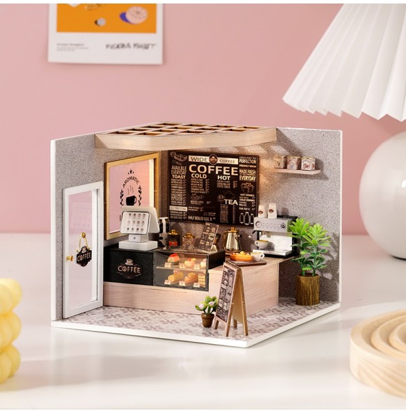 DIY Dollhouse Kit with Furniture and Lights Coffee Shop Miniature Doll House Wooden Model Toy for Birthday Gifts