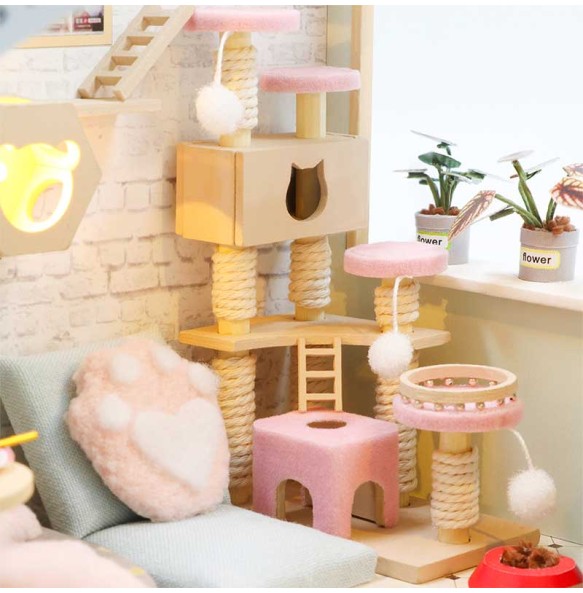 CUTEBEE DIY Miniature Dollhouse with Furniture Light Cute Cat Wooden Doll House Roombox Building Kit Model Toy for Birthday Gift