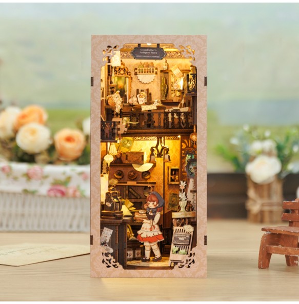 CUTEBEE-DIY Book Nook Kit, Doll House with Touch Light, Dust Cover, Retro 3D Bookshelf Insert, Gift, Antique Shop of Grandfather