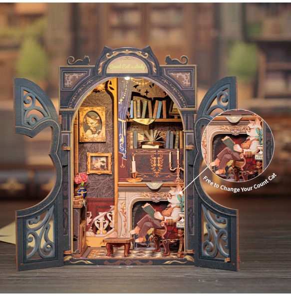 CUTEBEE DIY Book Nook Miniature Wooden Dollhouse with Lights Bookshelf Insert 3D Puzzle Decor Model for Gifts Count Cat's Study