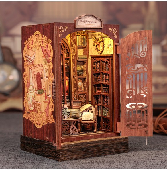 CUTEBEE DIY Book Nook Kit Miniature Wooden Dollhouse with Light Bookshelf Insert Decoration Model for Gifts Bookshop Memories